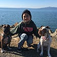 A person kneeling between two pitbulls with the Bay in the background, on a rocky shore that looks like it might be near the Berkeley Marina.