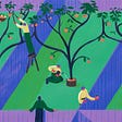 Colorful illustration of people harvesting from orchard yards.