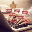 Hands typing on a laptop, surrounded by transparent red popups bearing negative words/reactions.