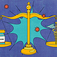 Illustration of a vaccine and the caduceus weighed on a scale.