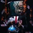 Businessman with a Starbucks bag for a head selling an Earth in a plastic bag for colorful cash.