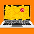 An illustration of a laptop with a screen full of envelopes showcasing 998 unread email messages.