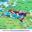 Map of the Roman Empire and surrounding areas in 565 AD, with major cities marked.
