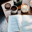 A picture showing journaling, specialty coffees and an antique wooden table. The positive and restorative benefits of journaling. Includes journaling prompts.