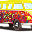 VW Bus with flowers and PEACE written on the side. LOVE license plate.