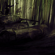 A barely-lit broken down tank in a forest, with a humanoid creature standing on top of it.
