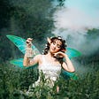 Fairy with pointy ears and blue/green wings sitting in a field holding a little cage.