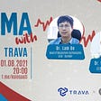 Two images of Trava team members in the middle with Trava Finance logo and KoinSaati logo in the under right corner