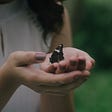 A woman gently holds a butterfly in her outstretched hands.