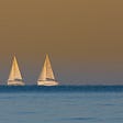 Two sailboats on the horizon of the sea.