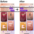 A pair of screenshots from the prototype labeled Before and After. A rectangle is drawn around filters. In the Before screenshot, some of the selected filters are only partially visible on the screen. In the After screenshot, the selected filters come first in their rows.