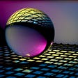 A glass ball on a matrix of black mesh and yellow/pink light from below reflecting on the opposite curved side of the ball making it look like a metaphor for an AI computer matrix.