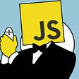 The logo of JavaScript (a yellow square with the letters JS inside) wearing a tuxedo and holding a mouse as a gun, James Bond style