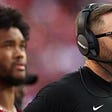 Head coach Kliff Kingsbury and Kyler Murray #1 of the Arizona Cardinals look on during the second h...