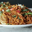 Chow mein (a Chinese noodle and vegetable dish) on a plate