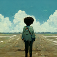 A black man with a big afro stands in the center of an airfields runway, he wears a tattered green coat and dark pants. Clouds loom like mountains in the distance.