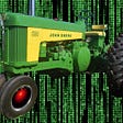 A vintage John Deere tractor whose wheel hubs have been replaced with HAL 9000 eyes, matted over a background of the cyber-waterfall image from The Matrix.