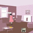 An illustration of a woman with her back facing the viewer in the middle of a dusty pink suburban living room asking, “Hmm… Now Why Did I Come In Here Again?”. The year 1957 posted in the top left corner. An image of a black cat walking in the foreground is shown with the year 1999 above it.