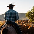 This man is a cowboy riding with his herd of cows.