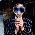 A person holding a magnifying glass enlarging the appearance of their nose and sunglasses.