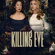 A Killing Eve poster with Sandra Oh as Eve, wearing a blue dress, and Jodie Comer as Villanelle, wearing a white dress. They are surrounded by flowers of all colors.