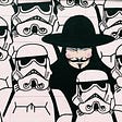 Star Wars storm troopers with man in Guy Fawkes mask among them