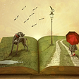 an open book with a 3D scene: greyhound and child holding red umbrella in wet grass looking at birds and a hot air balloon