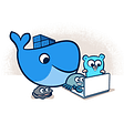 Docker Illustration: Docker’s whale, Golang’s Gopher, Rust’s crab and a clam paying attention to a laptop
