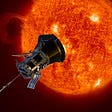 A realistic looking artist rendering of the sun in the background and Parker Solar Probe in the front.