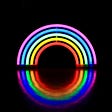 A neon rainbow, which is also reflected in the surface below