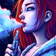 cyberpunk digital art of a red haired girl vaping