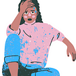 a drawing of an exhausted woman with a pink shirt and blue pants with her head in her hand