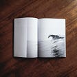 An opened book with a picture of a big wave.