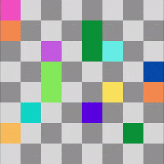 a square filled with 64 smaller squares. The squares are flashing a different combination of colors every .7 seconds.