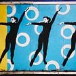 An artist’s rendition of Audrey Hepburn dancing, with three copies of herself against a yellow and blue patterned background.