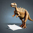A dinosaur dismissively dropping a stack of papers 
