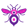 The anchester bee designed with the expression logo as the body in the branch colours of pink and purple.