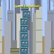 A screenshot from the game Tower Bloxx, in which the player builds a skyscraper by dropping block from a swinging rope hanging from a crane.
