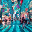 People in Tokyo walk through a concrete jungle of digital billboards.