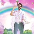 A smiling man in glasses and a pink shirt stands within an animation of rainbows, unicorns, and cupcakes.