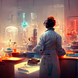 An AI image of a lady in a lab coat making lots of experiments. This is to symbolise the countless failures in order to learn.