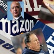 A collage that includes pics of Amazon, Boeing, University of Alabama and New England Patriots logos as well as Bill Belichick, Jeff Bezos, Tom Gunn (Boeing) and Nick Saban