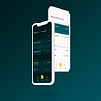Home screen of the e-banking app — designed in light and dark mode with different petrol shades.