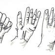 Three blind contour drawings of hands in different poses.