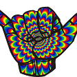 A shaka hand sign in a psychedelic pattern