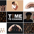 Illustrations of raised fists, a Black person and a White person embracing, a crying Black man, Black Lives Matter
