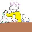 A simple MS paint drawing of kirby (in a yellow coat, with lab safety goggles and purple spikey hair) placing a little green stick figure in a beaker. There are three beakers on the table, containing green, red, and blue stick figures)
