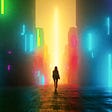 Futuristic dreamlike silouette of a person walking between building with neon lights from the windows towards a bright light in the horizon