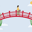An illustration of a woman with dark hair and a book in her right hand walking across a red bridge.