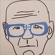 Black line drawing of an older, bald man wearing blue glasses with the Finnish flag on them.